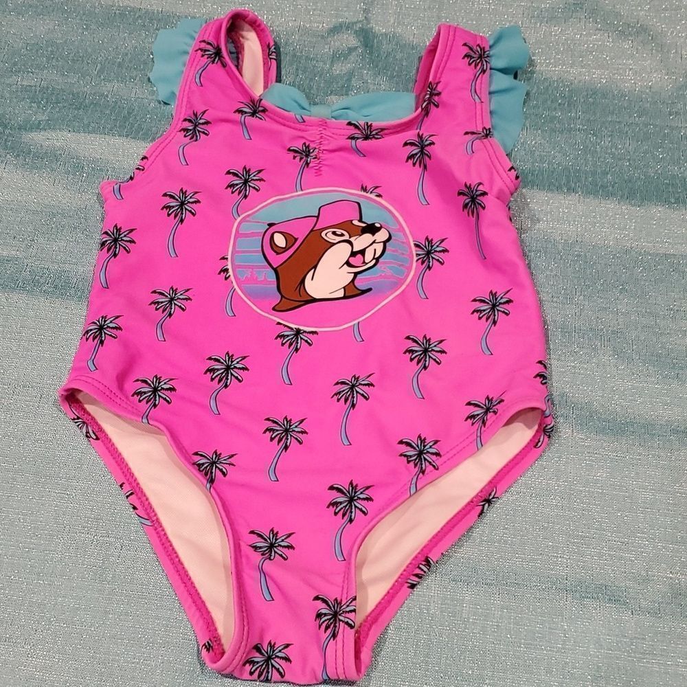 Buc-Ee's Hot Pink Palm Trees Bathing Suit Sz 9-12m 1023